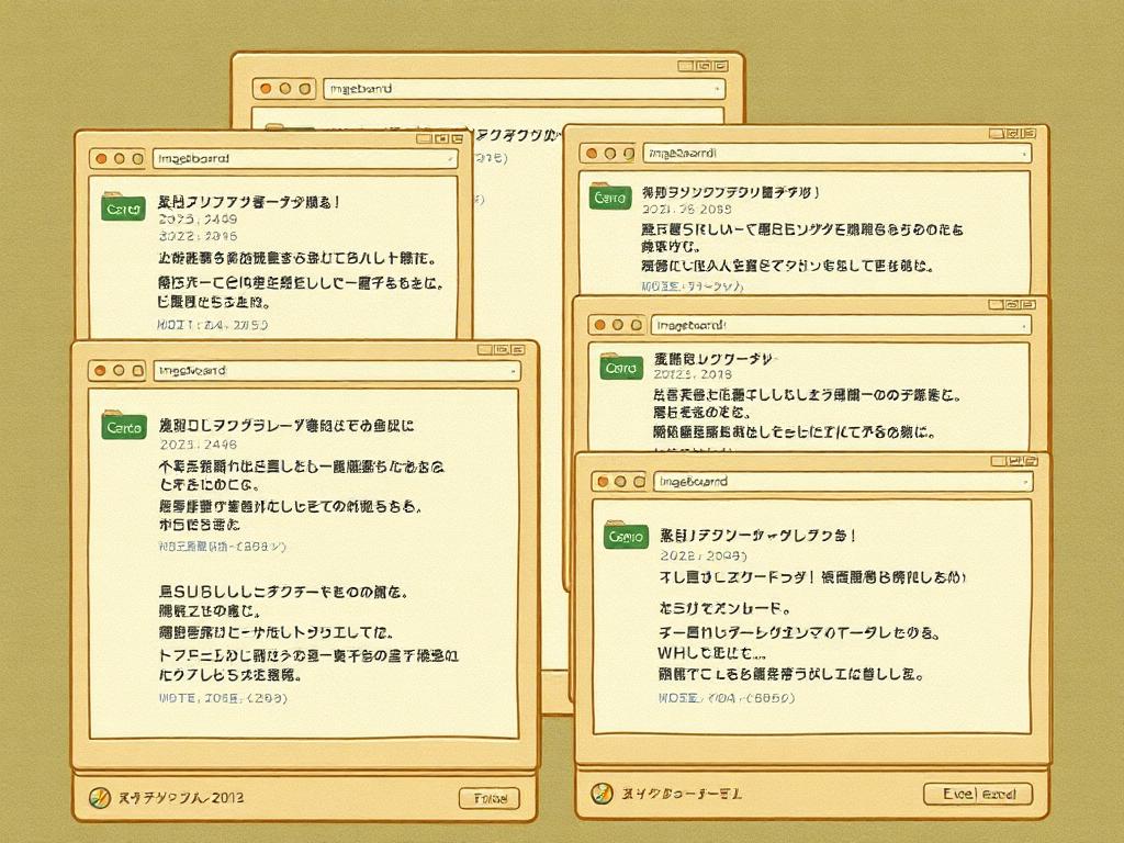 Stacked retro imageboard browser windows representing chan culture